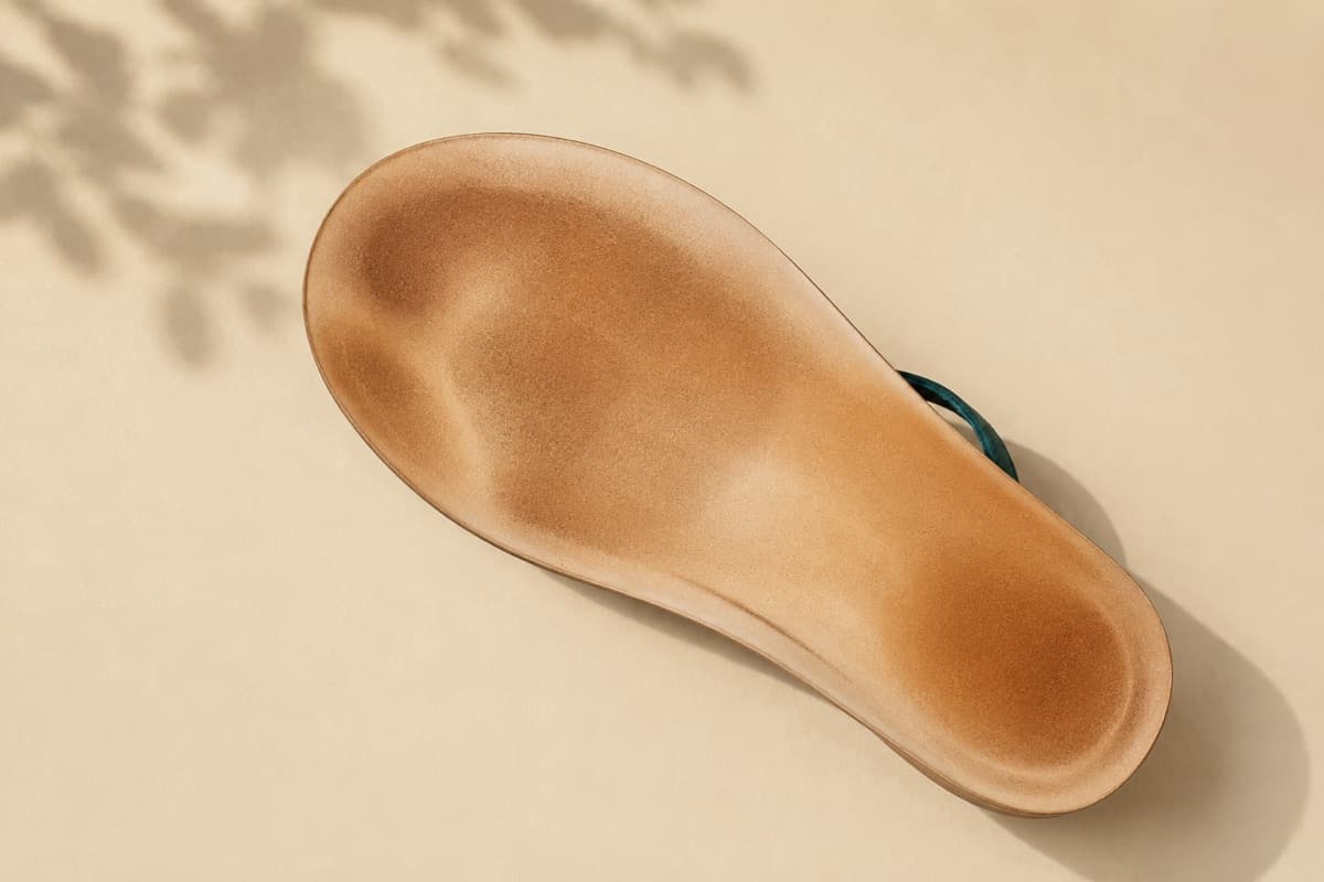 Leather footbed with a honey-brown patina where the foot sits, against paler leather at the edges