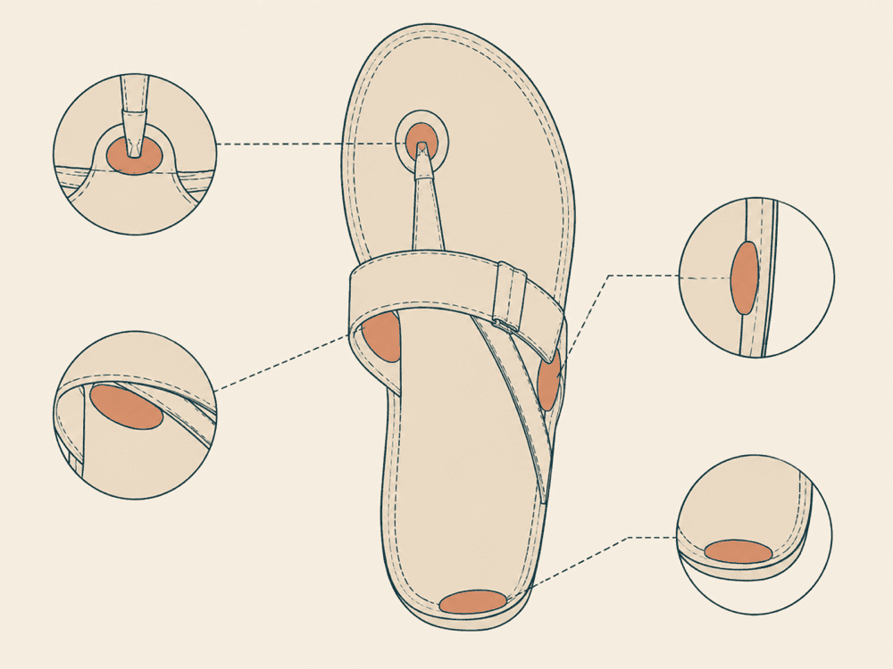 Diagram showing where anti-friction pads are placed on the sandal for each of the four rub zones