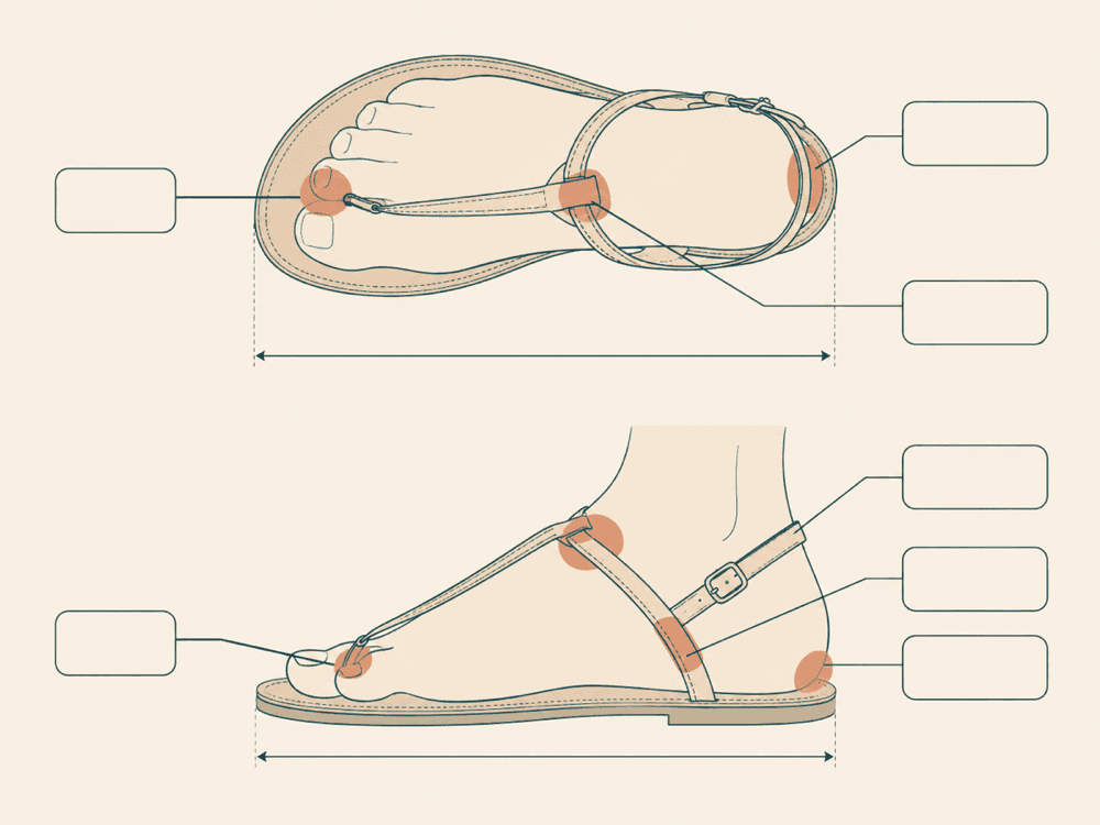 Diagram of a strappy sandal with four rub zones marked and labelled by position